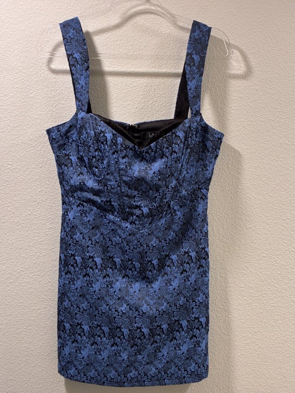 LULUS Sophisticated Celebration Mini Dress Sleeveless Floral Jacquard Blue L - Picture 3 of 14
